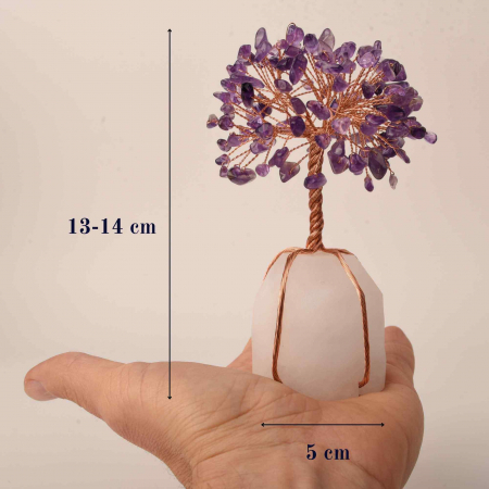 Copacel 13-14 cm din pietre semipretioase polisate de ametist si baza de piatra naturala de cuart transparent - Arbore din cristale semipretioase pentru energie pozitiva  atrage norocul, decor Feng Shui, cadou spiritual [4]
