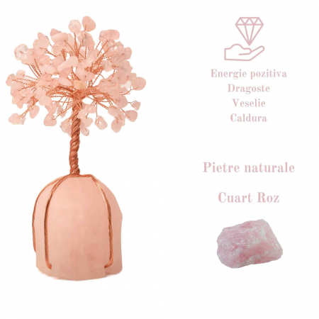 Arborele vietii 13-14 cm din pietre semipretioase polisate de cuart roz si baza de piatra naturala de cuart roz - Copacel de cristal pentru energie pozitiva  atrage norocul, decor Feng Shui, cadou spiritual [2]