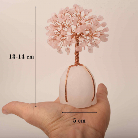 Arborele vietii 13-14 cm din pietre semipretioase polisate de cuart roz si baza de piatra naturala de cuart roz - Copacel de cristal pentru energie pozitiva  atrage norocul, decor Feng Shui, cadou spiritual [4]
