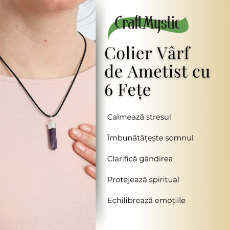 Colier Reglabil cu Pandantiv 35mm Varf de Ametist cu 6 Fete [4]