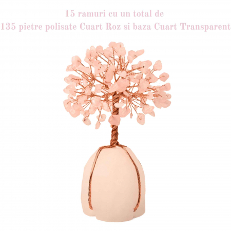 Arborele vietii 13-14 cm din pietre semipretioase polisate de cuart roz si baza de piatra naturala de cuart transparent - Copacel de cristal pentru energie pozitiva  atrage norocul, decor Feng Shui, cadou spiritual [3]