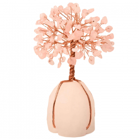 Arborele vietii 13-14 cm din pietre semipretioase polisate de cuart roz si baza de piatra naturala de cuart transparent - Copacel de cristal pentru energie pozitiva  atrage norocul, decor Feng Shui, cadou spiritual