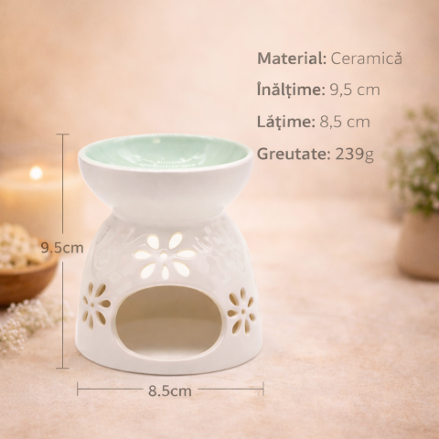 Arzator Ceramic Alb cu Vas Verde Mentol si Decupaje Florale – Ritual de Relaxare si Armonie Energetica [2]