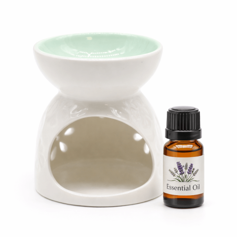Instrumente și Accesorii Spirituale - Arzator Ceramic Alb cu Vas Verde Mentol si Decupaje Florale – Ritual de Relaxare si Armonie Energetica