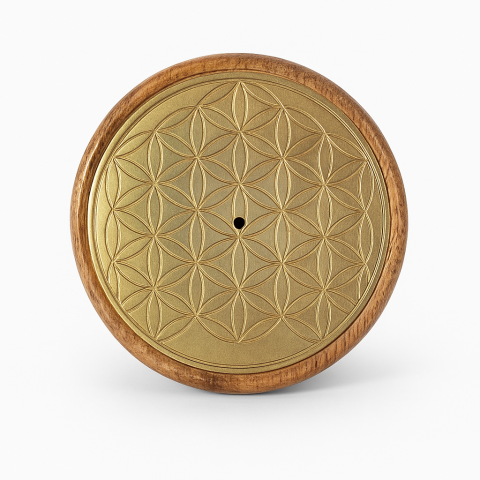 Aromaterapie - Suport betisoare parfumate lemn de mango – Flower of Life auriu,  8.5 cm (pentru betisoare si conuri)