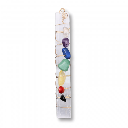 Claritate Mentala si Focus - Bagheta din Selenit Brut cu Pietre pentru Cele 7 Chakre, Invelita in Sarma de Cupru, pentru Yoga, Meditatie, Echilibru Spiritual