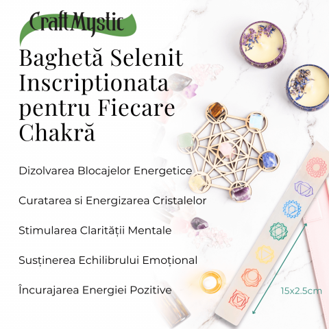 Bagheta de Selenit cu Semnele Chakrelor Color - Incarcare si Curatare Cristale [4]