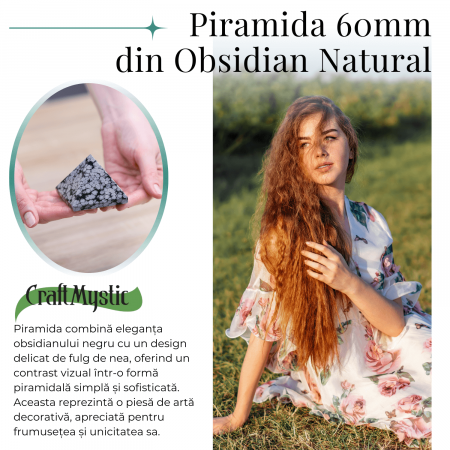 Piramida Sculptata Manual 60mm din Piatra Obsidian Fulg de Nea Natural [6]