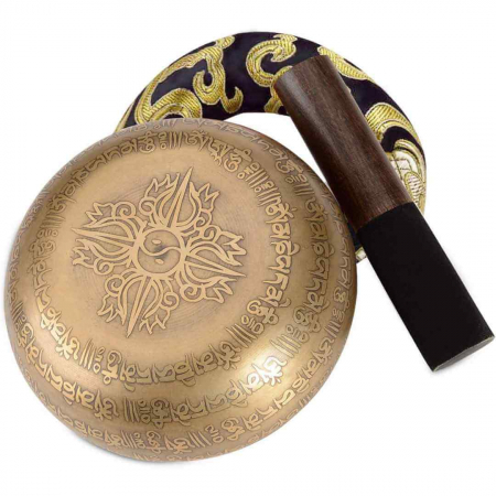 Set bol Tibetan de meditatie 13 cm gravura mantra, batut manual, sunet pentru yoga, vindecare chakre si meditatie Zen, cu ciocan din piele si perna de matase [3]