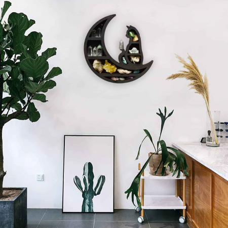 Mini Raft 30x30 cm expunere din lemn pentru cristale, uleiuri esensiale design Pisica neagra pe luna - Decorare gotică pentru cameră Moon Cat [5]