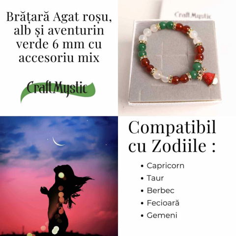 Bratara naturala Agat rosu, alb si aventurin verde cu accesoriu mixt - echilibru si noroc [4]