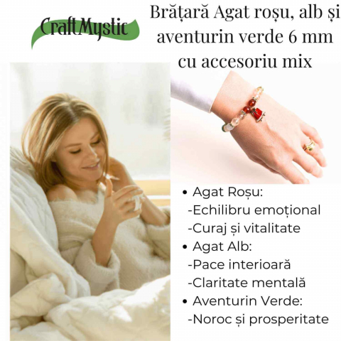 Bratara naturala Agat rosu, alb si aventurin verde cu accesoriu mixt - energie si protectie [5]