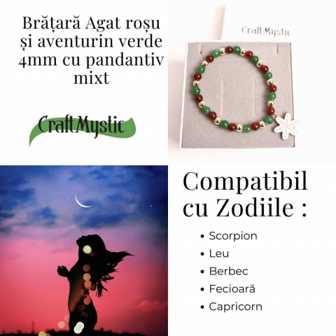 Bratara Agat rosu si aventurin verde 4mm cu accesoriu mixt - echilibru si noroc [3]