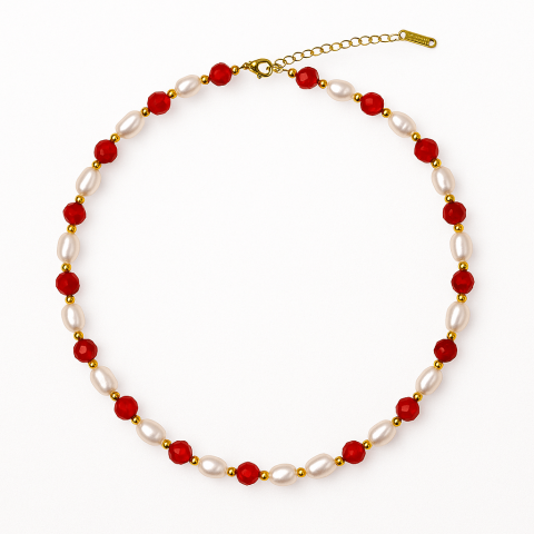 Agata Rosu - Colier Cupru cu Agat Rosu Fatetat si Perle Naturale – Echilibru, Rafinam si Energie Vitala