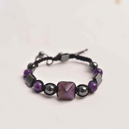 Bratara Ajustabila Impletita cu Margele din Ametist si Hematit de 8mm cu Piramida de Ametist - Cadou Special [4]