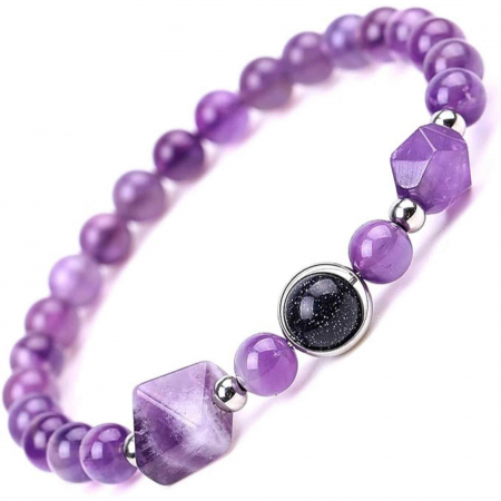 Claritate Mentala si Focus - Bratara Elastica cu margele Ametist de 6mm si Farmecul Sistemului Solar - Bratara Handmade  pentru Femei