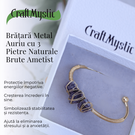 Bratara aurie din metal cu 3 pietre naturale de Ametist , beneficii energetice [2]
