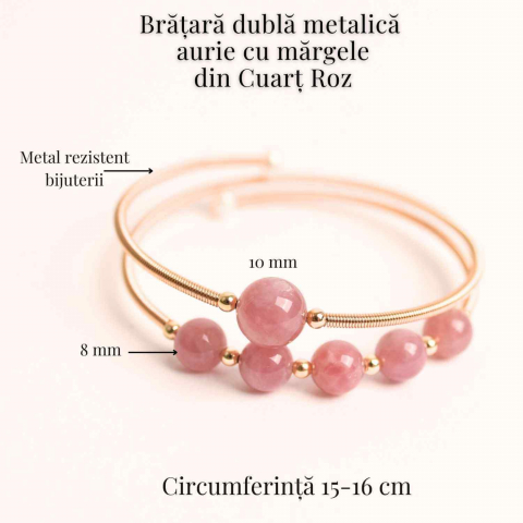 Bratara dubla metalica aurie si Cuart Roz natural pentru calm si claritate mentala [3]