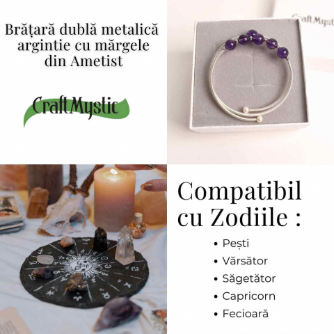 Bratara dubla metalica argintie cu ametist natural pentru calm si claritate mentala [4]