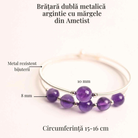 Bratara dubla metalica argintie cu ametist natural pentru calm si claritate mentala [3]