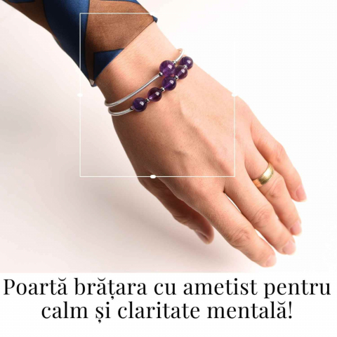 Bratara dubla metalica argintie cu ametist natural pentru calm si claritate mentala [1]
