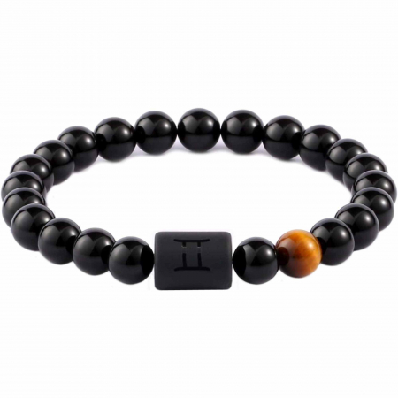 Cristale pe beneficii - Bratara din pietre naturale 8mm Obsidian si Ochi de Tigru pentru barbati cu cele 12 constelatii - Include dubla gravura cu semn zodiacal specific