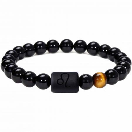 Brățări - Bratara din pietre naturale 8mm Obsidian si Ochi de Tigru pentru barbati cu cele 12 constelatii - Include dubla gravura cu semn zodiacal specific