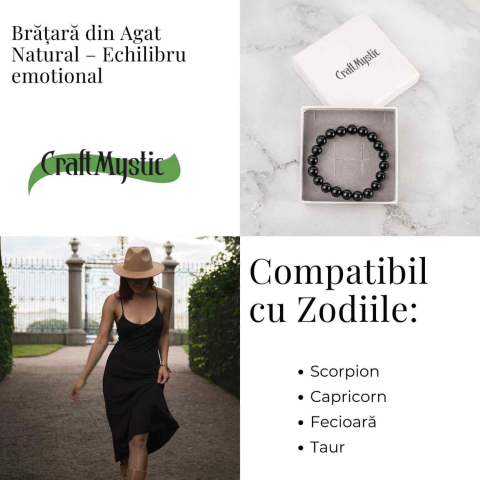 Bratara din Agat Negru Natural cu Margele Rotunde – Echilibru, Protectie si Ancorare [3]