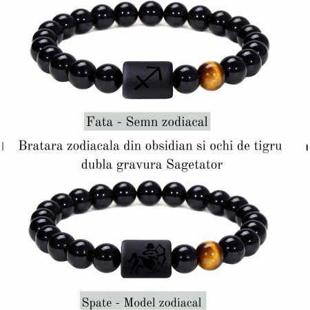 Bratara din pietre naturale 8mm Obsidian si Ochi de Tigru pentru barbati cu cele 12 constelatii - Include dubla gravura cu semn zodiacal specific [1]