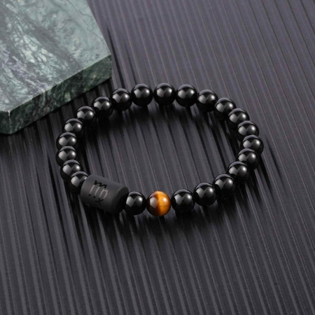 Bratara din pietre naturale 8mm Obsidian si Ochi de Tigru pentru barbati cu cele 12 constelatii - Include dubla gravura cu semn zodiacal specific [2]