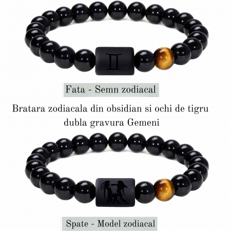 Bratara din pietre naturale 8mm Obsidian si Ochi de Tigru pentru barbati cu cele 12 constelatii - Include dubla gravura cu semn zodiacal specific [1]