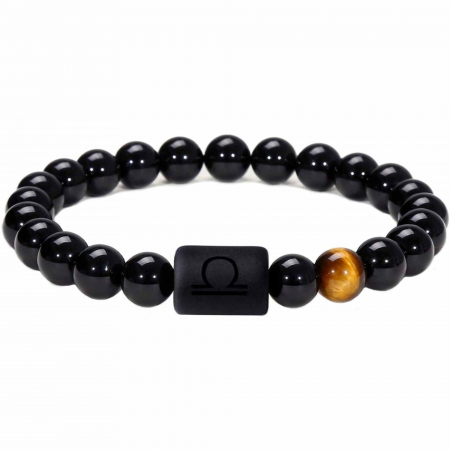 Cristale pe beneficii - Bratara din pietre naturale 8mm Obsidian si Ochi de Tigru pentru barbati cu cele 12 constelatii - Include dubla gravura cu semn zodiacal specific