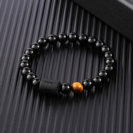 Bratara din pietre naturale 8mm Obsidian si Ochi de Tigru pentru barbati cu cele 12 constelatii - Include dubla gravura cu semn zodiacal specific [2]