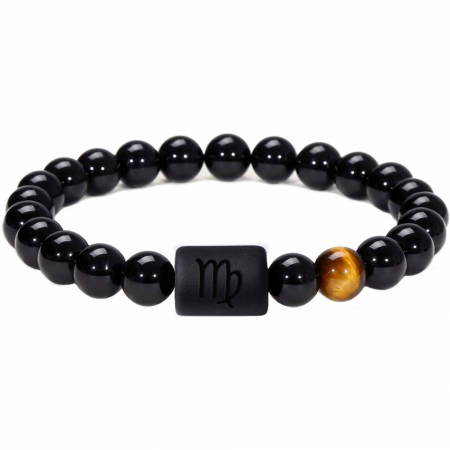 Anti deochi - Bratara din pietre naturale 8mm Obsidian si Ochi de Tigru pentru barbati cu cele 12 constelatii - Include dubla gravura cu semn zodiacal specific
