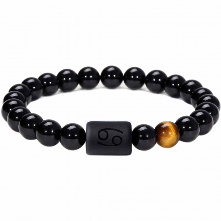 Cristale pe beneficii - Bratara din pietre naturale 8mm Obsidian si Ochi de Tigru pentru barbati cu cele 12 constelatii - Include dubla gravura cu semn zodiacal specific