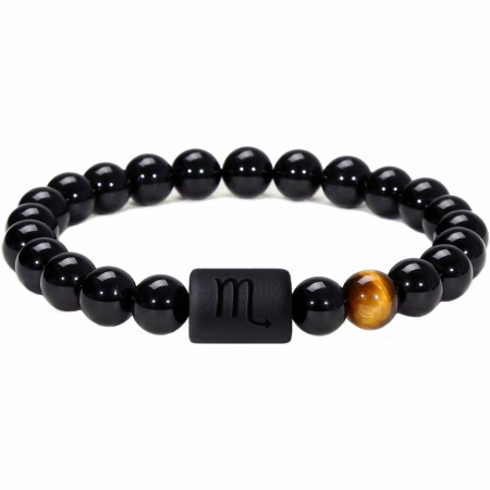 Anti deochi - Bratara din pietre naturale 8mm Obsidian si Ochi de Tigru pentru barbati cu cele 12 constelatii - Include dubla gravura cu semn zodiacal specific