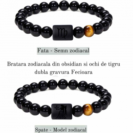 Bratara din pietre naturale 8mm Obsidian si Ochi de Tigru pentru barbati cu cele 12 constelatii - Include dubla gravura cu semn zodiacal specific [1]