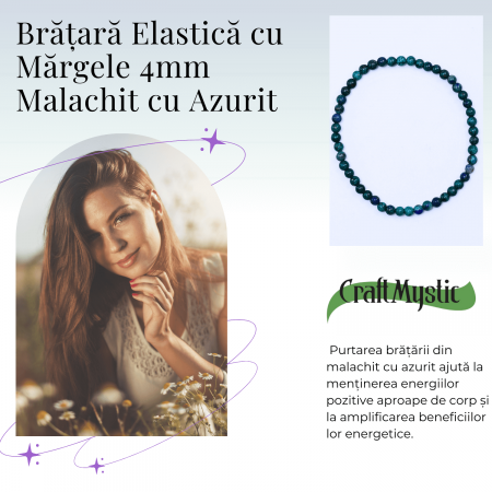 Bratara Elastica cu Margele Naturale de 4mm din Azurit cu Malachit, Protectie si Claritate [2]
