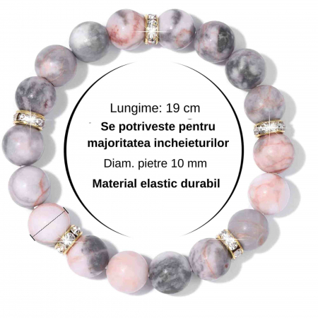 Bratara elastica cu pietre semipretioase zebra stone roz de 10 si 5 mm cu margele aurii si strasuri [1]