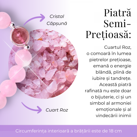 Bratara Elastica cu Margele din Cuart Roz de 8 mm, Pandantiv Sferic si Inimioara [8]