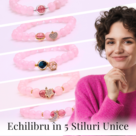 Bratara Elastica cu Margele din Cuart Roz de 8 mm, Pandantiv Sferic si Inimioara [2]