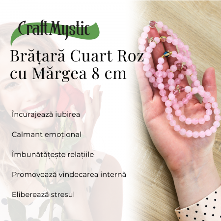 Bratara Elastica cu Margele din Cuart Roz de 8 mm, Pandantiv Sferic si Inimioara [3]