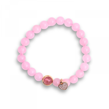 Bratara Elastica cu Margele din Cuart Roz de 8 mm, Pandantiv Sferic si Inimioara [1]