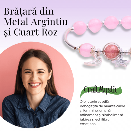 Bratara Metalica cu Margele din Cuart Roz, Pandantiv Stea si Luna [4]