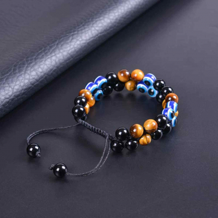 Bratara cu tripla protectie din pietre naturale 8mm Ochi de tigru natural, Obsidian negru si "Ochiul rau" - Pentru noroc si prosperitate, fericire [5]
