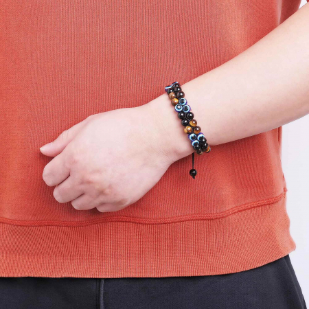 Bratara cu tripla protectie din pietre naturale 8mm Ochi de tigru natural, Obsidian negru si "Ochiul rau" - Pentru noroc si prosperitate, fericire [3]