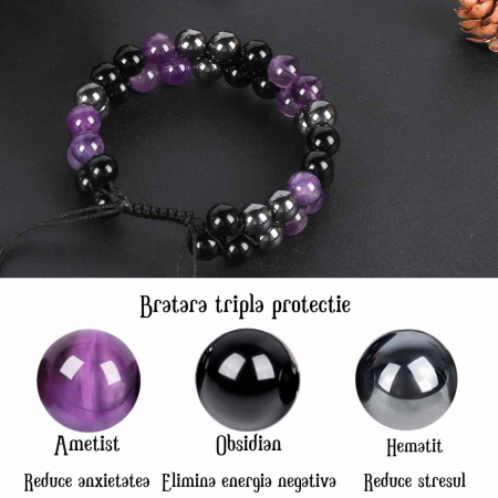 Bratara tripla protectie cu pietre semipretioase 6mm ametist, hematit si obsidian negru -  Imbunatateste carisma, norocul si fericirea [1]