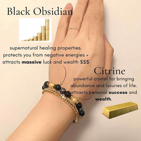 Bratara Feng Shui cu cristale naturale de citrin, hematita si obisidian negru de 8 mm - Generator de bogatie si atractie norocoasa a banilor, prosperitate [4]
