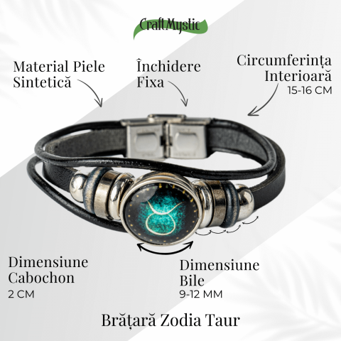 Bratara Zodiacala ajustabila din Piele Sintetica cu Cabochon Rotund – Simbol Astrologic Personalizat pentru Energie si Identitate Astrala [3]