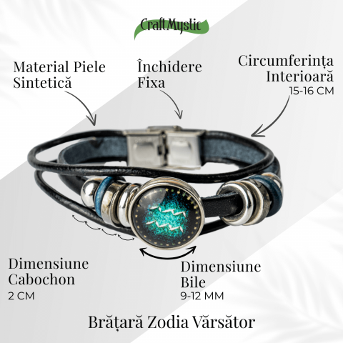 Bratara Zodiacala ajustabila din Piele Sintetica cu Cabochon Rotund – Simbol Astrologic Personalizat pentru Energie si Identitate Astrala [4]